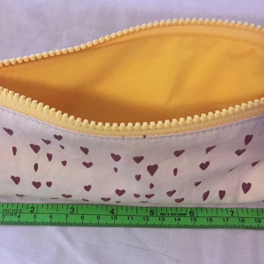 Cotton cosmetic or pencil case - yellow + redhearts - EUC